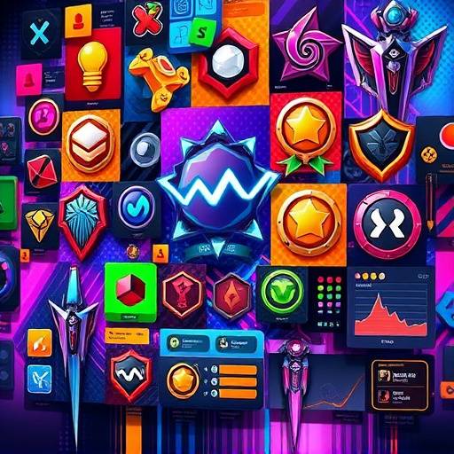 Abstract illustration of various game elements like points, badges, and leaderboards.