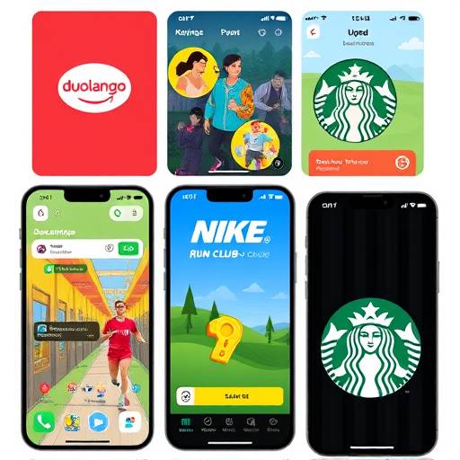 Collage of screenshots from popular gamified applications such as Duolingo, Nike Run Club, and Starbucks Rewards, illustrating different game mechanics.