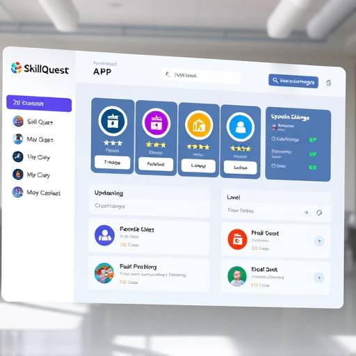 Screenshot of the SkillQuest Academy student dashboard showing XP points, level, badges, and upcoming challenges.