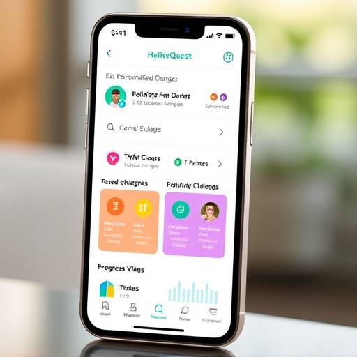 Screenshot of the ThriveWell HealthQuest app showing tracking features, personalized challenges, badges, and progress visualization.
